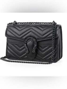 Quilted Black Chain Crossbody Bag with Dragon Buckle